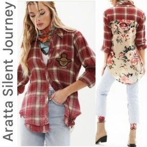 Aratta Silent Journey Heart Breaker Gauzy Plaid & Roses Burnout Shirt Size Small
